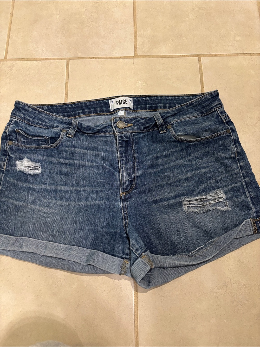 PAIGE Medium Blue Distressed Rolled-Hem Jean Shorts Jimmy Sz 31